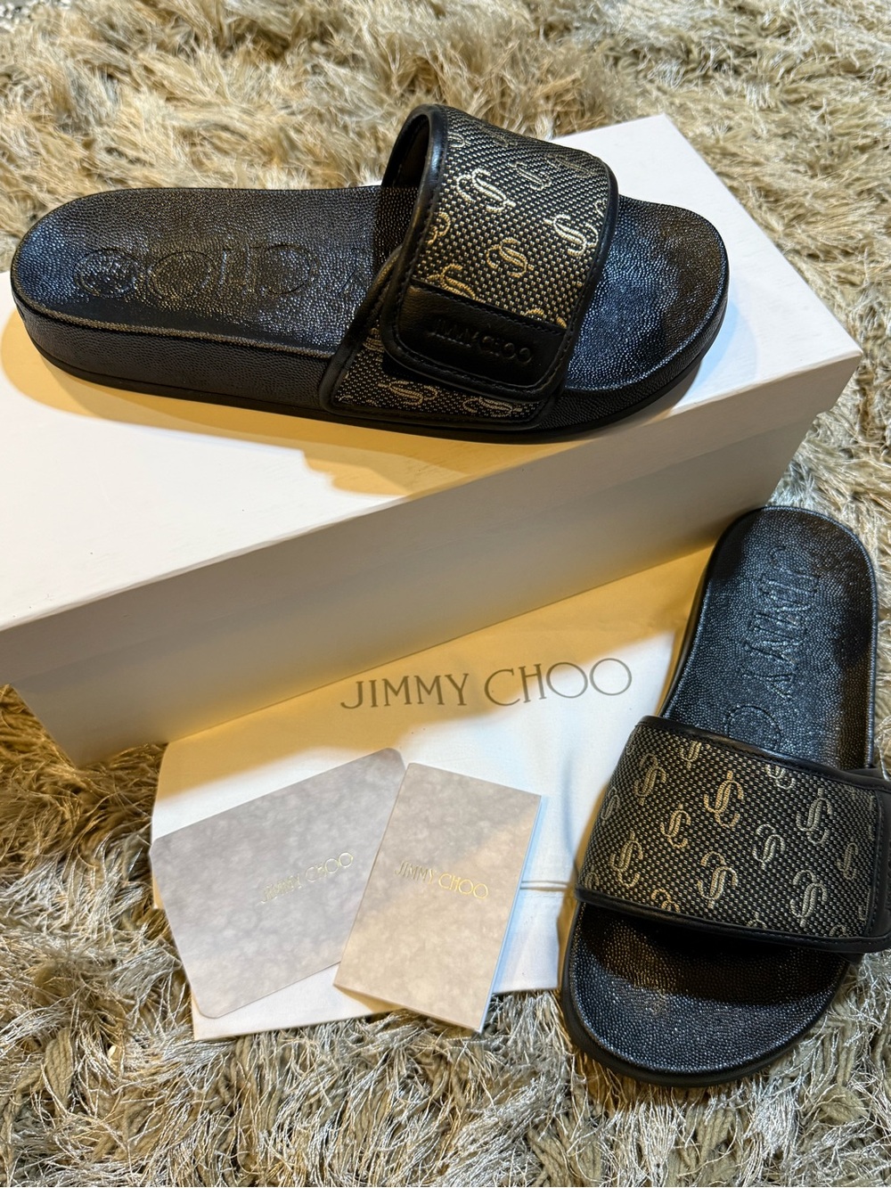 Jimmy Choo FITZ Black/Gold JC Monogrammed Slides